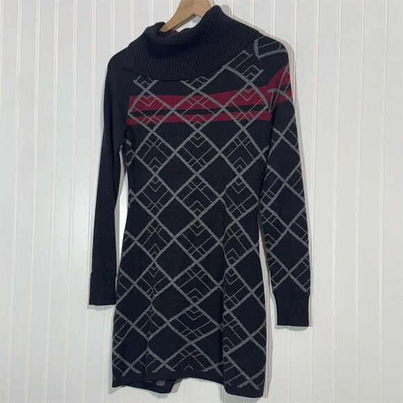 Krimson Klover XS Sweater Dress Black Gray Red Geometric Wool Blend Cowl Neck - Picture 2 of 8